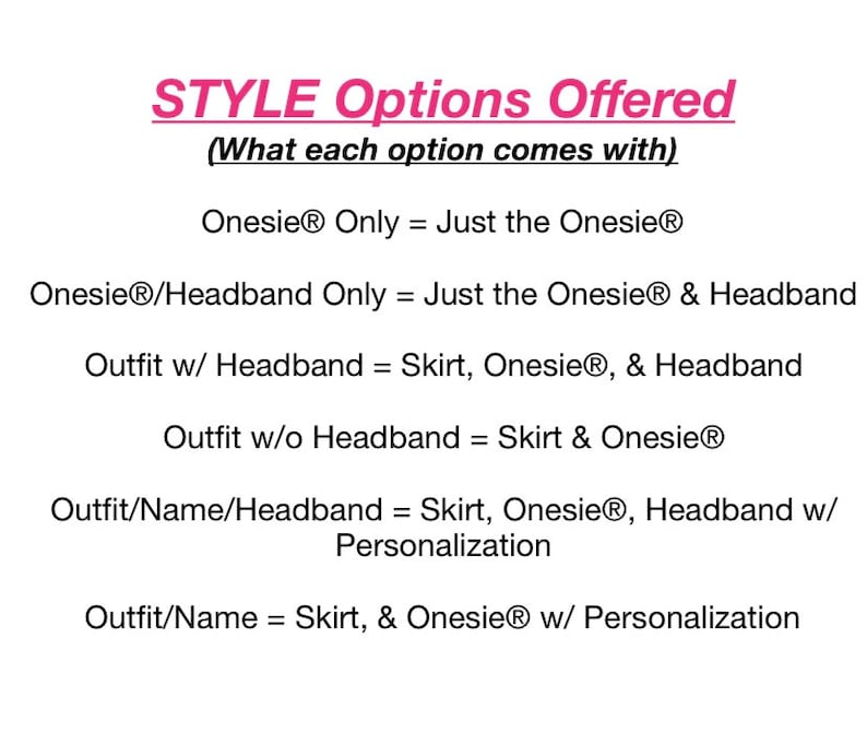 Peut inclure: Une liste d'options de style pour une tenue de combinaison, y compris la possibilit&eacute; d'ajouter un bandeau, une jupe et une personnalisation. Les options sont list&eacute;es avec une description de ce qui est inclus dans chacune.