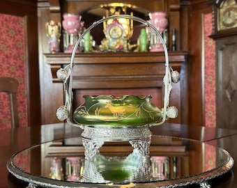 SPECTACULAR  LOETZ VICTORIAN brides basket art glass bowl in fabulous S.H.M. silver frame featuring plump strawberries  Circa 1880 American
