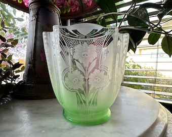 ELEGANT ANTIQUE EDWARDIAN Art Nouveau shade, clear to emerald etched satin flora and fauna art glass