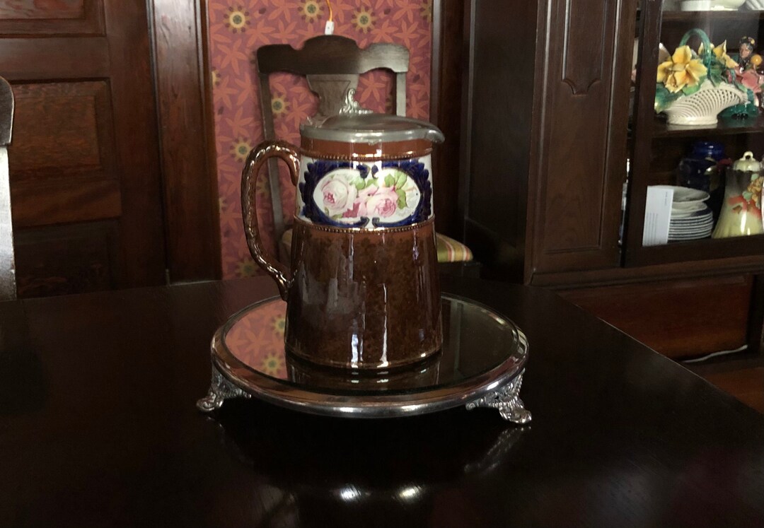 ANTIQUE REDWARE MOLASSES Syrup Pitcher Jug Beautiful Roses Gold Etsy