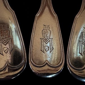 May include: Close-up of three antique silver spoons. Each spoon features an engraved owl above the letter "M" and a shield. The spoons have a tarnished, vintage appearance, with a reflective surface. The spoons are arranged against a dark background.