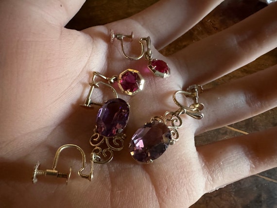 ANTIQUE AMETHYST RUBY paste rolled gold screw bac… - image 10