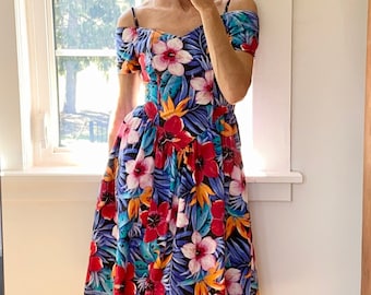SUMMER Painting floral beauty dress♡ Vintage EBER of San Francisco Hibiscus Print Cotton Dress - Etsy