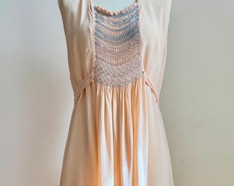 Vintage 1930s Slip Dress - Blue Smocking Embroidery - Pink Blush Rayon Silk Crepe