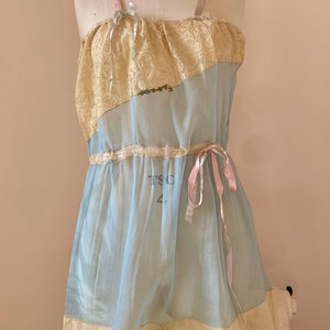 Antique 1920s Deadstock Silk Aqua Chiffon and Cream Alencon Lace and Tulle and Satin Ribbon Step-In Size 40 SM