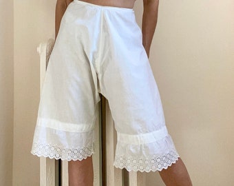 Antique Victorian Mid 1800s White Cotton Long Pantaloons Bloomers with Eyelet M