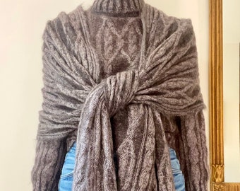 Christian Dior 2000s Mohair Cable Brown Turtleneck Shawl Set Made in Italy M L like new!