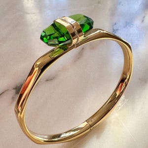 Vintage Swarovski Green Lucent Crystal Bangle Cuff Gold Tone Plated Bracelet With Magnetic Closure