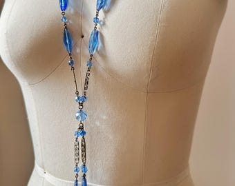 Antique 1920s Flapper Art Deco faceted blue Czech bead Long Sautoir Necklace