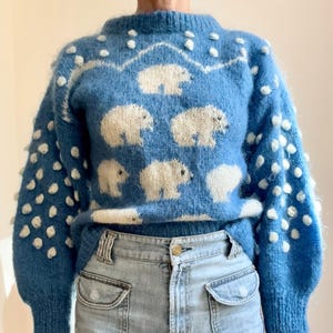 Vintage Susie Lee Mohair Wool Blue Crew Neck Hand Knit Polar Bear Sweater Jumper Pullover M