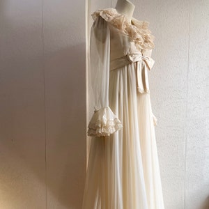 Vintage 1970s Oscar De La Renta Empire Waist Silk Chiffon & Lace Evening Bridal Gown Maxi Dress with Ruffles and Trumpet Sleeves XS 2