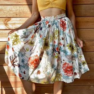 Vintage 1950s Hand Drawn Desert Print Gathered Circle Skirt M
