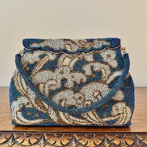 Vintage 1950s Beaded Evening Bag in Rocaille Seed Bead Wave Pattern Blue, Gold, Silver Cocktail Purse