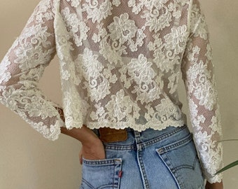Vintage 1980s White Floral Soutache Lace On Mesh Net with Beading Top Cardigan S SM 4