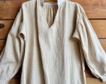 Antique mid 1800s Victorian French Natural Linen Chemise Nightshirt with Collar Embroidered Monogramed Signed
