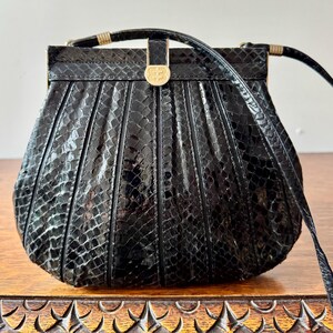 Vintage 1970s Holt Renfrew Snake Skin Black Shoulder Bag with Gold Tone Detail