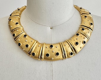 Vintage 1980s Guy Laroche Gold Plated Collar Clavicle Necklace with Cabochons Onyx and Rhinestones Made in France
