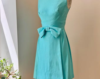 Vintage 1960s Mod Retro Style Cotton and Silk Aqua Blue Green Bow Sleveless Mini Dress