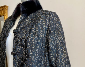 Vintage 1960s Black and Gold Floral Brocade Evening Coat with Mink Fur Trim New Condition S