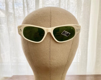 Vintage 1950s Italian Bone Color Lucite with Rhinestones Cat Eye Sunglasses Deadstock with Tags