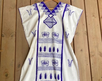 Vintage Mexican Hand Embroidered Blue Butterfly Cotton Muslin Huipil Caftan S M