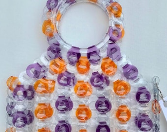 EE Handcrafted Products Mod 60s Style Chain Linked Crochet Purple and Orange Stripe Vinyl Handbag with Lucite Handles