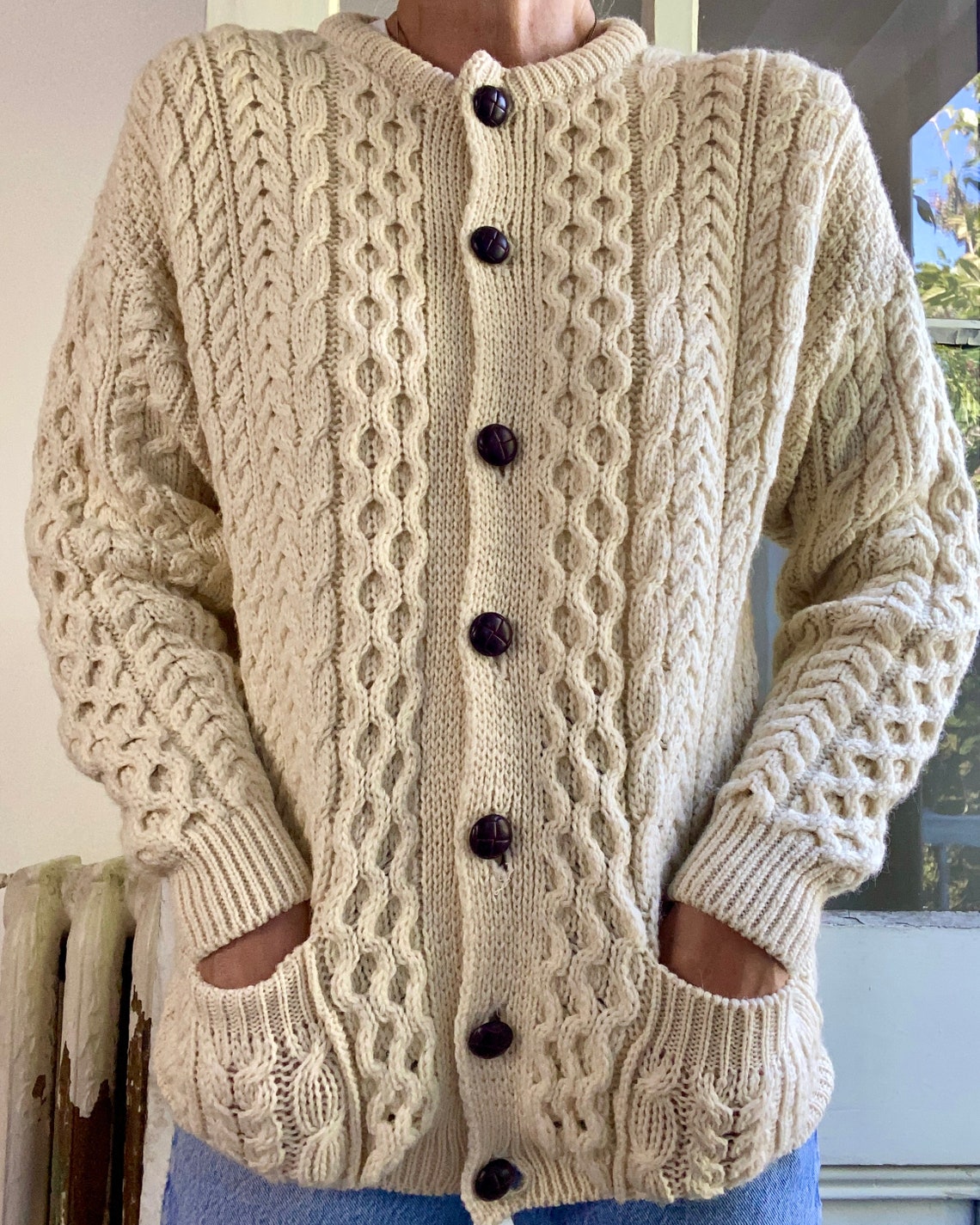 Cardigan Vintage in Lana Fisherman Cream S M immagine 5