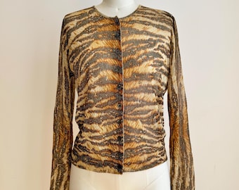 Vintage 1990s Dolce and Gabbana Tiger Print Gold Lurex Knit Sheer Cardigan Top Made in Italy