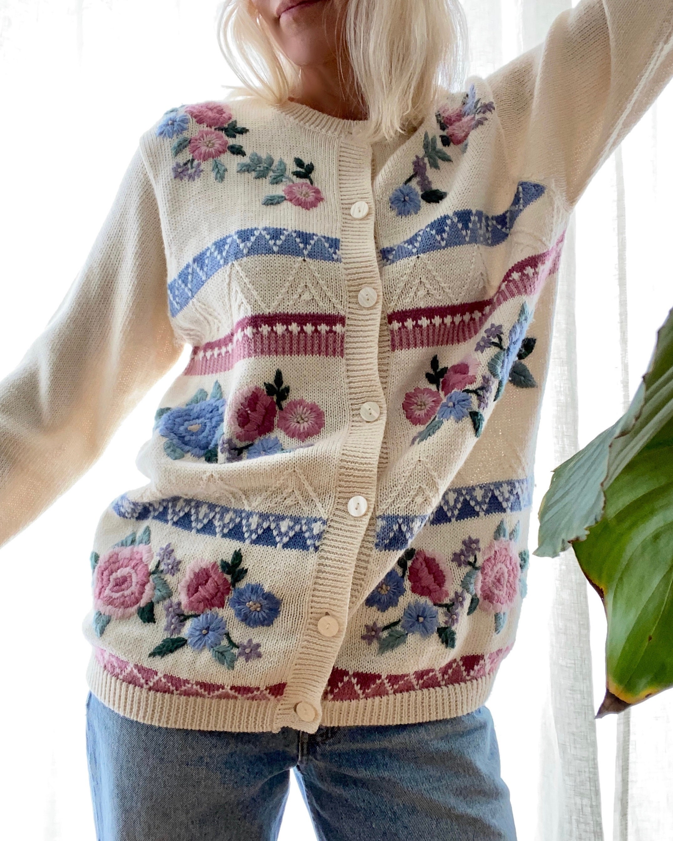 VINTAGE Embroidered Floral Cardigan Etsy