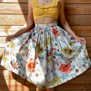 Vintage 1950s Hand Drawn Desert Print Gathered Circle Skirt M