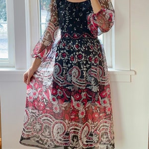 VINTAGE 1960s Silk Chiffon Printed Floral Gathered Midi Dress With Balloon Sleeves