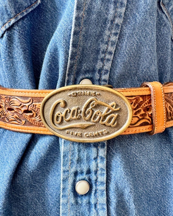 Vintage Coke belt with brass buckle Vintage Classic Coca Cola Oval Brass Belt Buckle and Leather  main image 2
