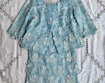 Vintage 1950s Silk Blue Organza with Floral Embroidery and Applique Dress and Jacket Set