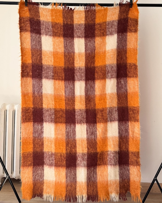 60s 70s モヘア 100% GLEN CREE マフラー ヴィンテージ Vintage 1950s Glen Cree Mohair Throw Blanket: Orange Brown Check