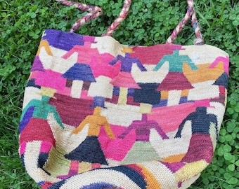 Vintage Handmade Sisal Straw Basket Bucket Tote Bag with Colourful Doll Design