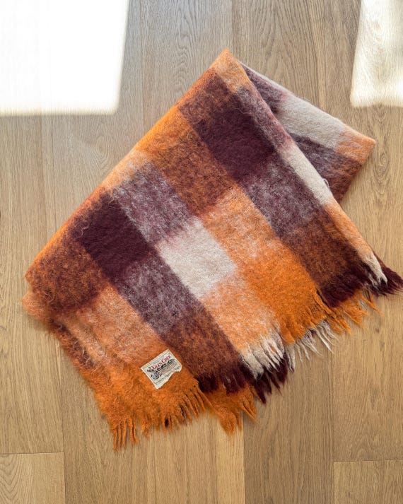 Vintage 1950s Glen Cree Mohair Throw Blanket: Orange Brown Check