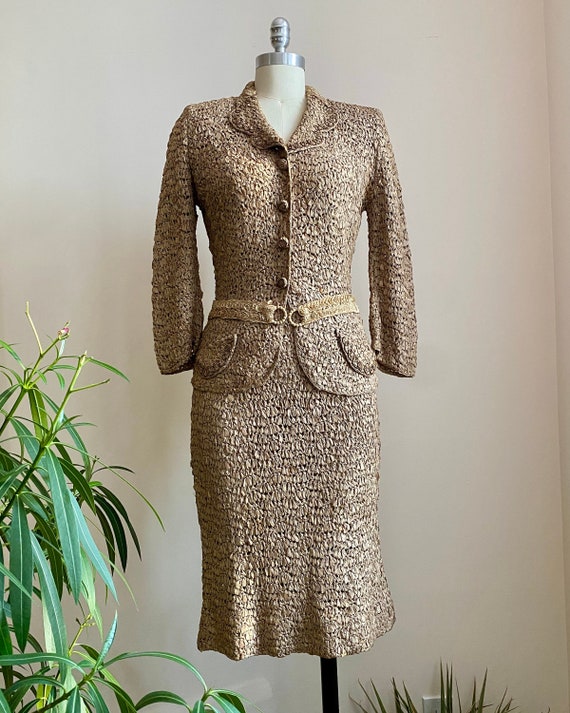 Vintage 1940s Saks Fifth Avenue Taupe Knit Crochet