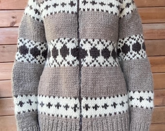 Vintage Hand stricken Cowichan Strickjacke, Oatmeal braun Fair Isle Muster Made in Cowichan BC Kanada