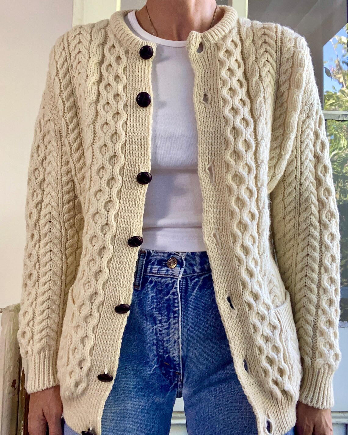 Cardigan Vintage in Lana Fisherman Cream S M immagine 2
