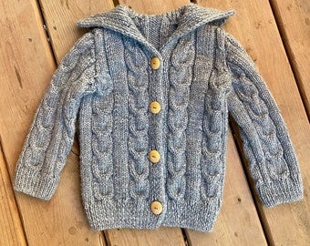 Vintage Kids Toddler Handknit Grey Marl Fisherman Cable Cardigan With Sailor Collar NEW CONDITION