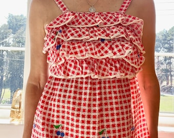 VINTAGE 1970s Red Gingham with Blueberries Cotton Ruffle Maxi Dress XS S