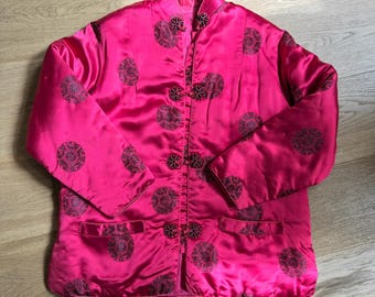 Vintage 1960s Chinese Quilted Silk Brocade Jacket: Raspberry Red Mandarin Collar
