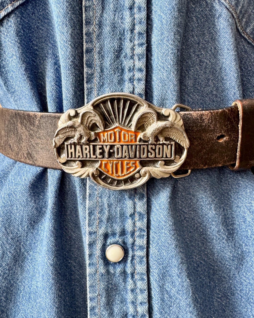 Vintage Harley Davidson Biker Leather Belt With 80s Eagle  Vintage 80’s Harley Davidson Leather Belt Brass Buckle Sz 40 Made In USA Biker main image 0
