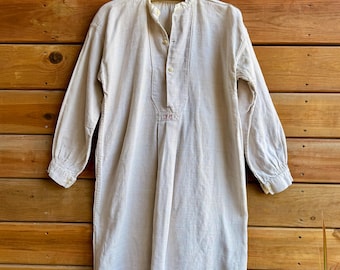 Antique 1800s Victorian French Natural Linen Bib Chemise Nightshirt with Puff Sleeves