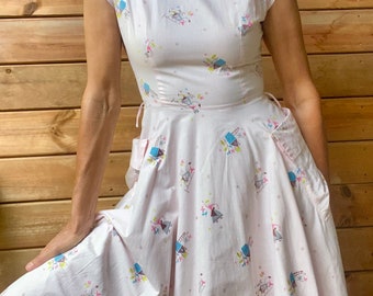 Vintage 1950s Light Pink Cotton Printed House Dress 4 S