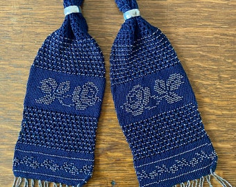 Antique Victorian Miser Purse Steel Cut Beads : Navy Silk Crochet and Floral design Beading