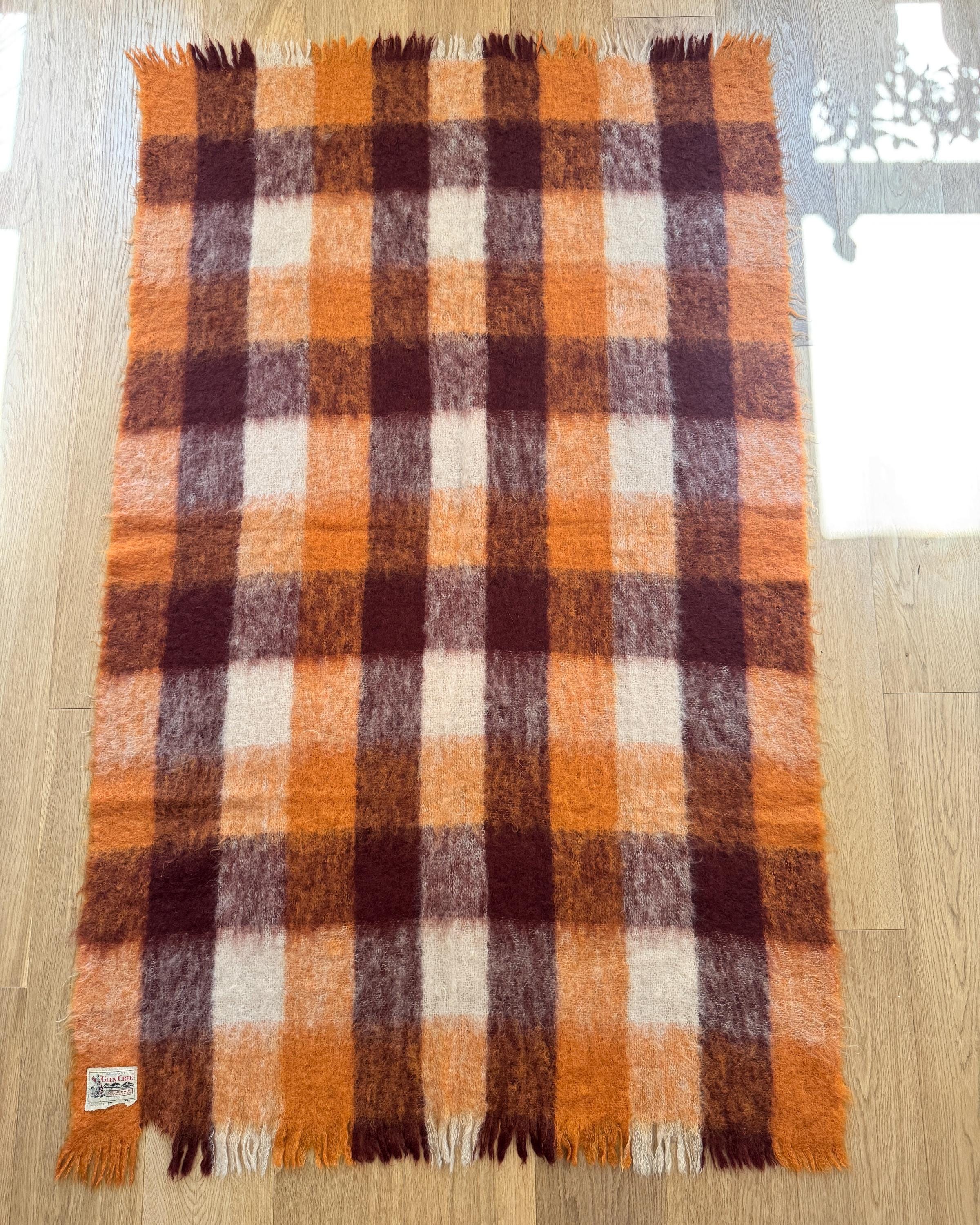 Vintage 1950s Glen Cree Mohair Throw Blanket: Orange Brown Check