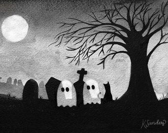 Digital Download: Ghost in a Grave Yard | Spooky Halloween watercolor print