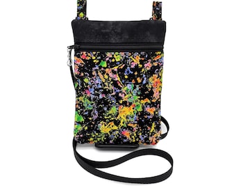 Small Fabric Crossbody Cellphone Bag, Colorful Splatter Design