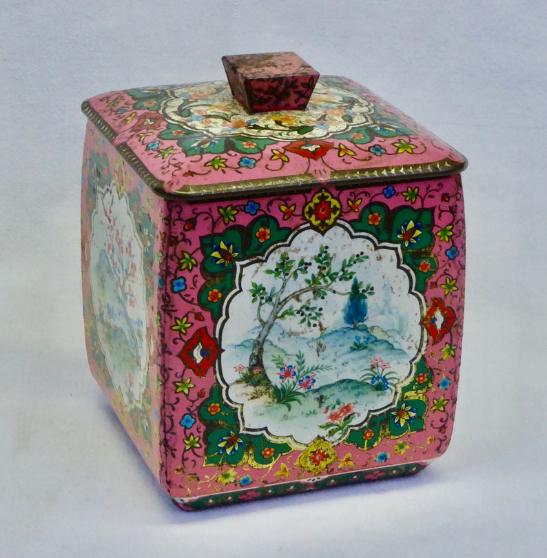 Vintage Lithographed Tin Tea Caddy Enameled Interior Ca. Etsy